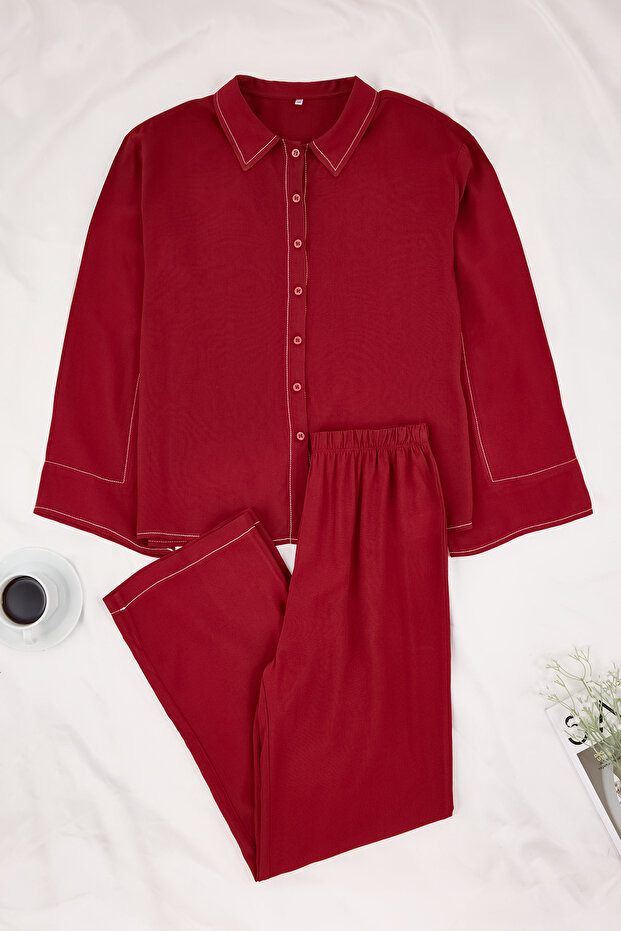 Bordo Dikiş Detaylı Rahat Kalıp Viskon Dokuma Pijama Takımı THMSS26PT00003 - 5