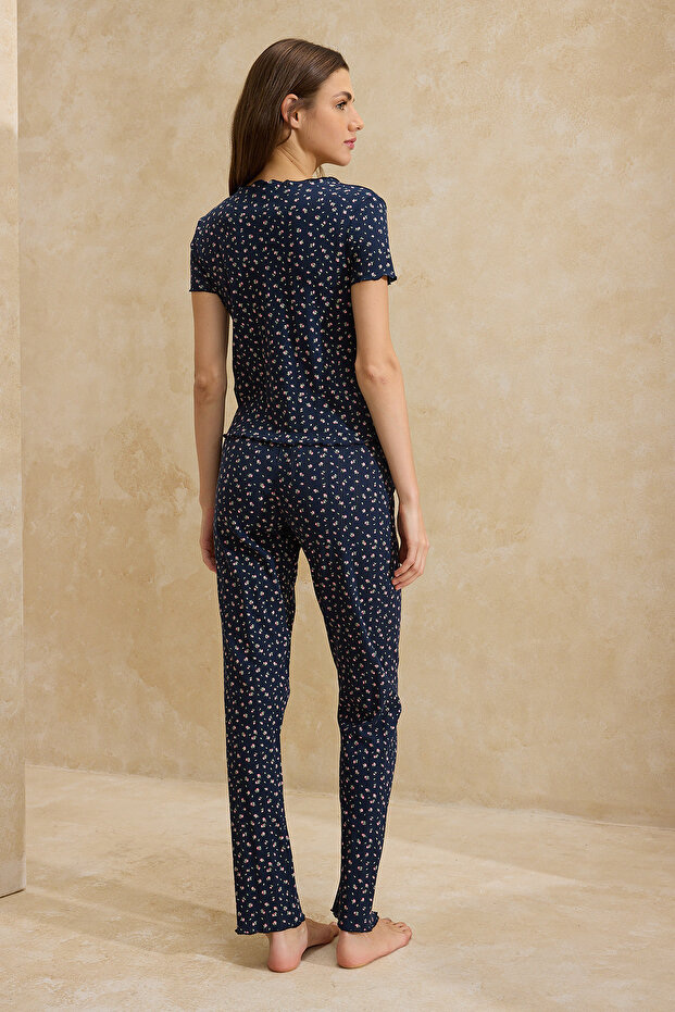 Lacivert %100 Pamuklu Çiçekli Kurdele/Fiyonklu Fitilli/Pointel Örme Pijama Takımı THMSS26PT00010 - 6