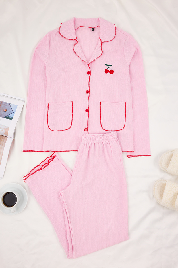 Pembe Kiraz Nakışlı Cepli Baby Overloklu Bürümcük Dokulu Örme Pijama Takımı THMSS26PT00018 - 8