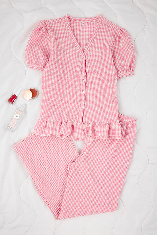 Pembe Ekoseli Fırfırlı Gofre Dokuma Pijama Takımı THMSS26PT00002 - 7
