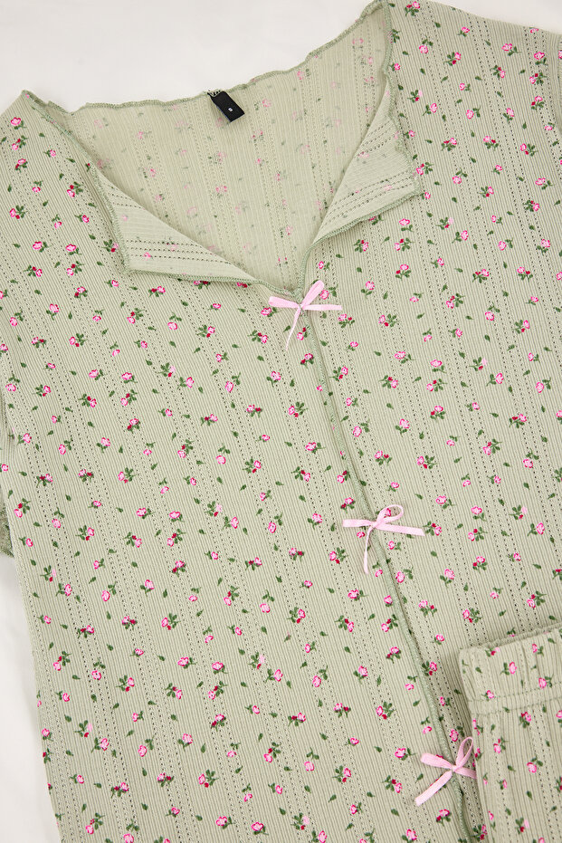 Yeşil %100 Pamuklu Çiçekli Kurdele/Fiyonklu Fitilli/Pointel Örme Pijama Takımı THMSS26PT00010 - 8
