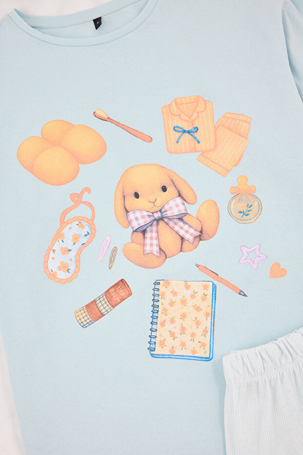 Mavi %100 Pamuklu Çizgili ve Eğlence Desenli Örme Pijama Takımı THMSS26PT00007 - 7