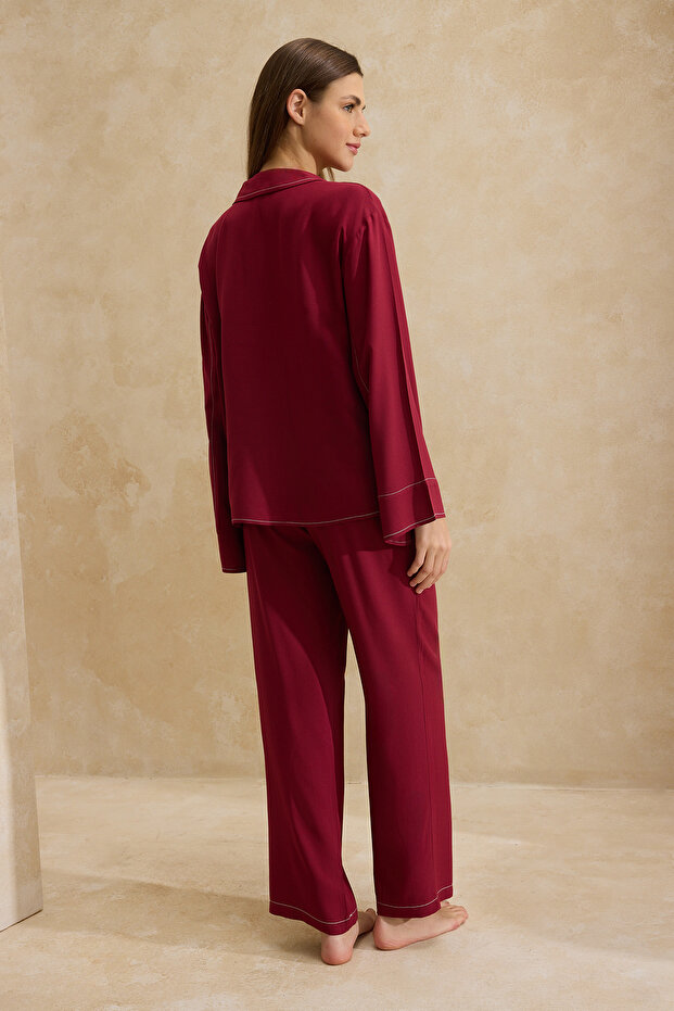 Bordo Dikiş Detaylı Rahat Kalıp Viskon Dokuma Pijama Takımı THMSS26PT00003 - 4