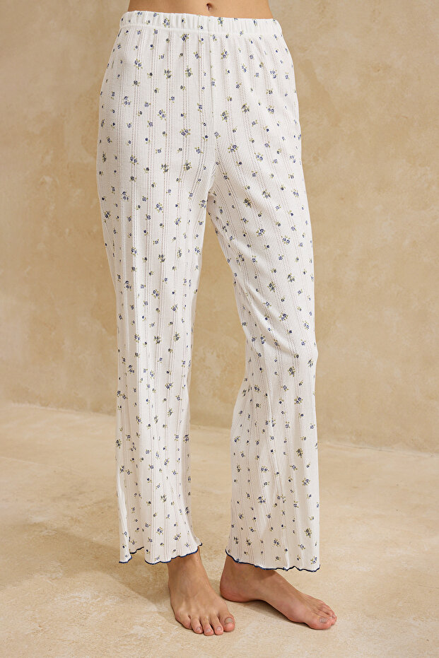 Beyaz %100 Pamuklu Çiçekli Baby Overloklu Fitilli/Pointel Örme Pijama Takımı THMSS26PT00012 - 6