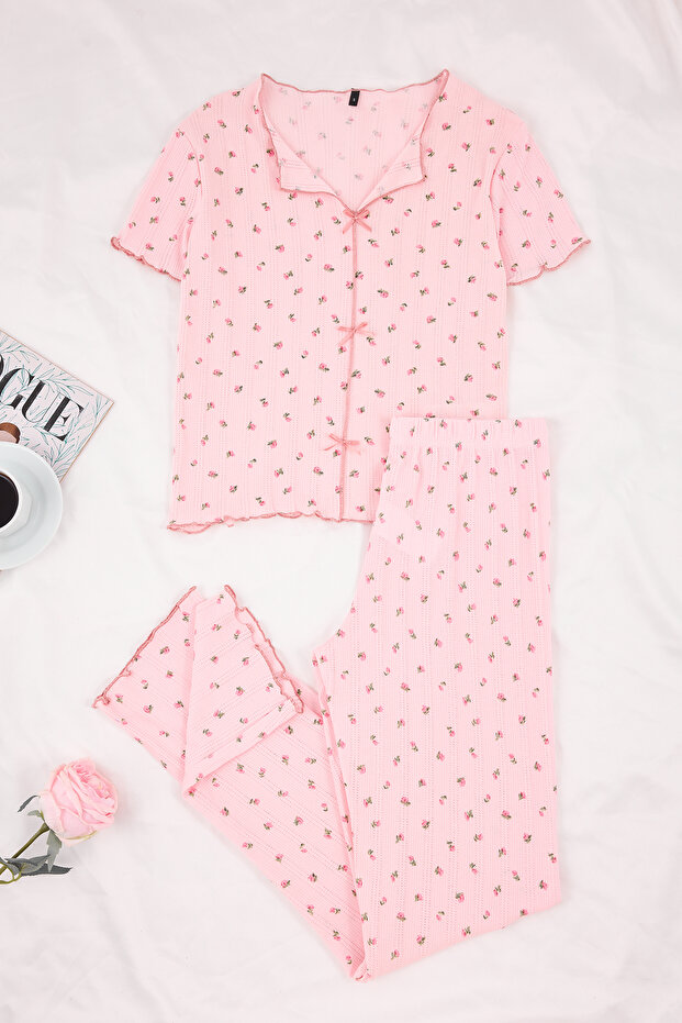 Pembe %100 Pamuklu Çiçekli Kurdele/Fiyonklu Fitilli/Pointel Örme Pijama Takımı THMSS26PT00010 - 6