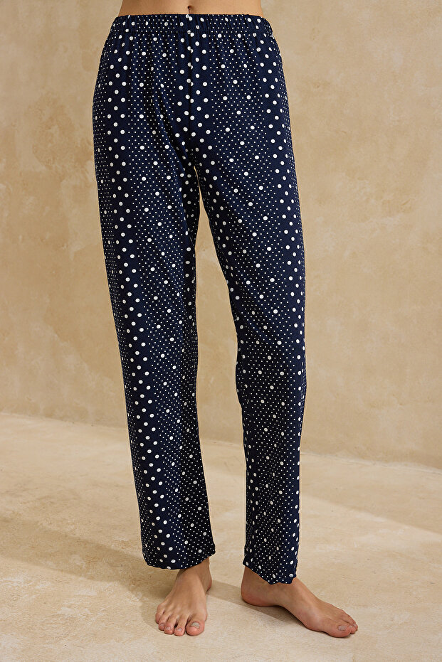 Lacivert Pamuklu Likralı Puantiyeli Örme Pijama Takımı THMSS26PT00022 - 4