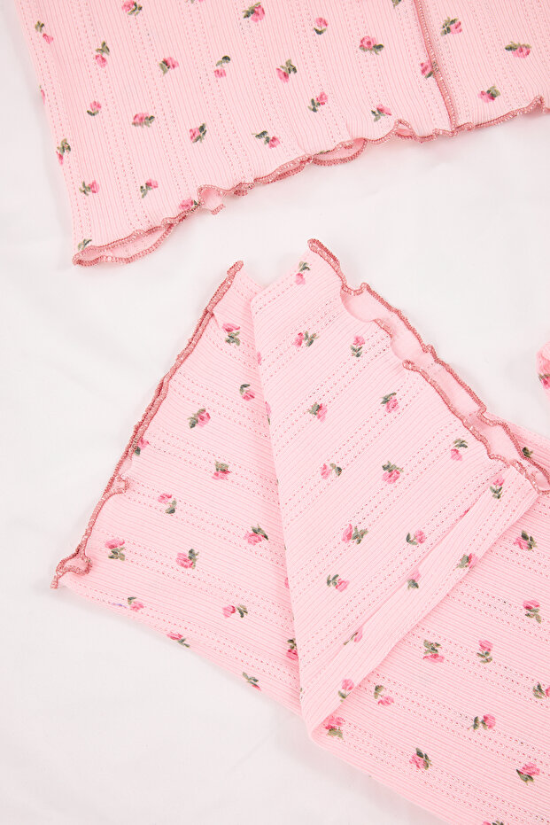 Pembe %100 Pamuklu Çiçekli Kurdele/Fiyonklu Fitilli/Pointel Örme Pijama Takımı THMSS26PT00010 - 7