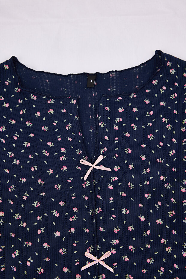 Lacivert %100 Pamuklu Çiçekli Kurdele/Fiyonklu Fitilli/Pointel Örme Pijama Takımı THMSS26PT00010 - 9