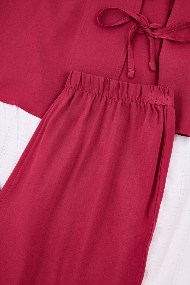 Bordo Kruvaze Yaka Bağlama Detaylı Viskon Dokuma Pijama Takımı THMSS26PT00029 - 6