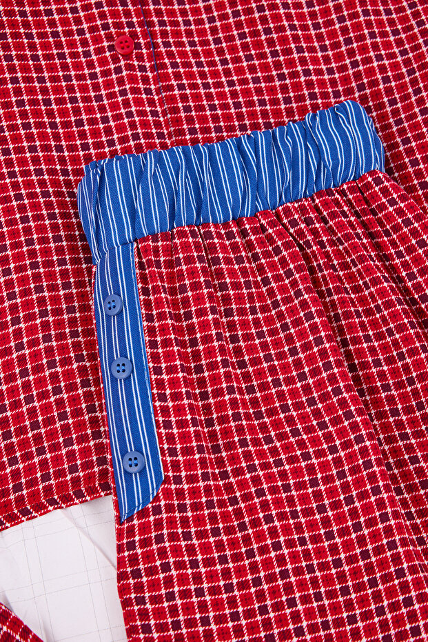 Kırmızı-Çok Renkli Ekose / Kareli Viskon Dokuma Pijama Takımı THMAW26PT00099 - 6