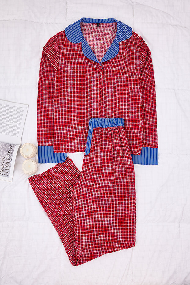 Kırmızı-Çok Renkli Ekose / Kareli Viskon Dokuma Pijama Takımı THMAW26PT00099 - 5