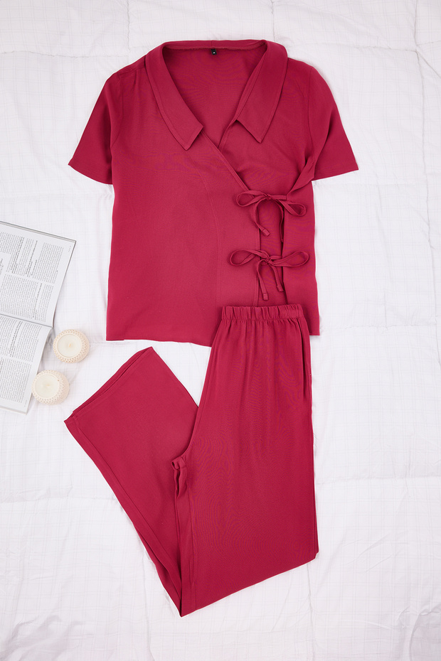 Bordo Kruvaze Yaka Bağlama Detaylı Viskon Dokuma Pijama Takımı THMSS26PT00029 - 5
