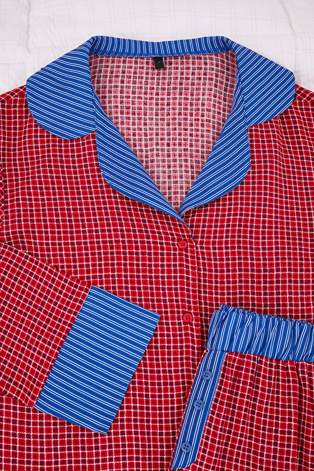 Kırmızı-Çok Renkli Ekose / Kareli Viskon Dokuma Pijama Takımı THMAW26PT00099 - 7