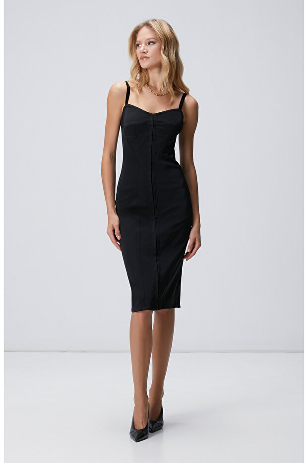 Siyah Askılı Midi Elbise - 2