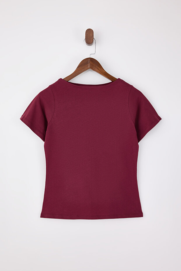 Bordo Relaxed/Rahat Kalıp Kayık Yaka Kısa Kollu %100 Pamuk Örme T-Shirt TWOSS26TS00004 - 6