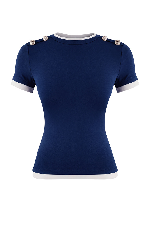Lacivert Fitted/Vücuda Oturan Kısa Kollu Düğmeli Yumuşak Örme Bluz TWOSS26BZ00095 - 5