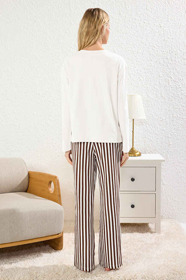 Kadın Couple/Çift Ekru %100 Pamuklu Çizgili Ayıcıklı Örme Pijama Takımı THMAW25PT00171 - 6