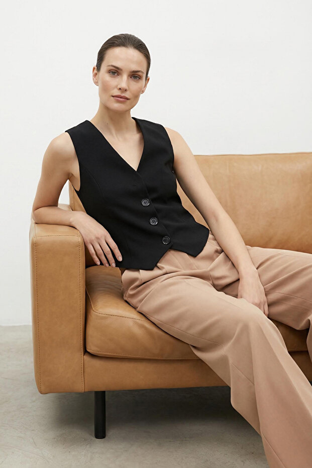 Čierna prémiová tkaná vesta na gombíky Twoaw24Ye00061 - 2