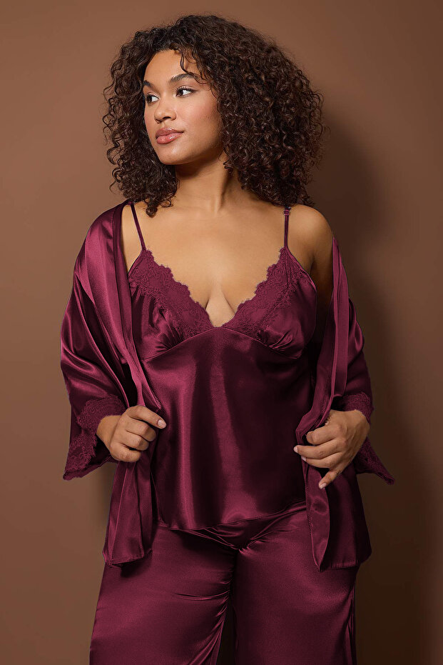 Bordo 3'lü Çeyiz Set Dantel Detaylı Saten Dokuma Pijama Takımı TBBAW26AI00056 - 3