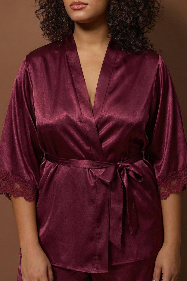Bordo 3'lü Çeyiz Set Dantel Detaylı Saten Dokuma Pijama Takımı TBBAW26AI00056 - 2