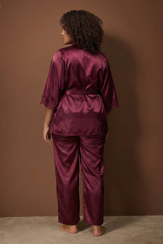 Bordo 3'lü Çeyiz Set Dantel Detaylı Saten Dokuma Pijama Takımı TBBAW26AI00056 - 4