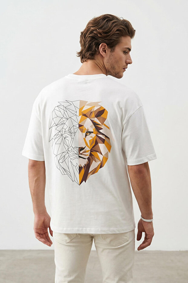 Ekru Oversize/Geniş Kesim Sırt Aslan Baskılı %100 Pamuk T-Shirt TMNSS25TS00117 - 1