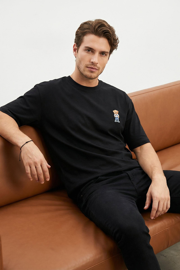 Siyah Unisex Oversize/Geniş Kesim Ayıcık Baskılı %100 Pamuklu T-Shirt TMNSS25TS00161 - 2