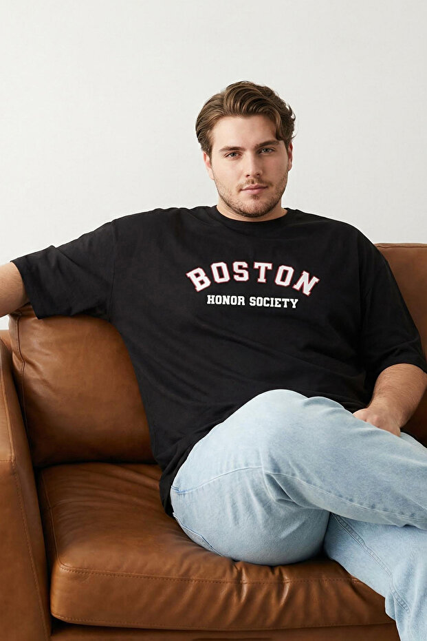 Büyük Beden Siyah Oversize/Geniş Kesim Şehir Baskılı %100 Pamuklu T-Shirt TMNSS23TS00135 - 2