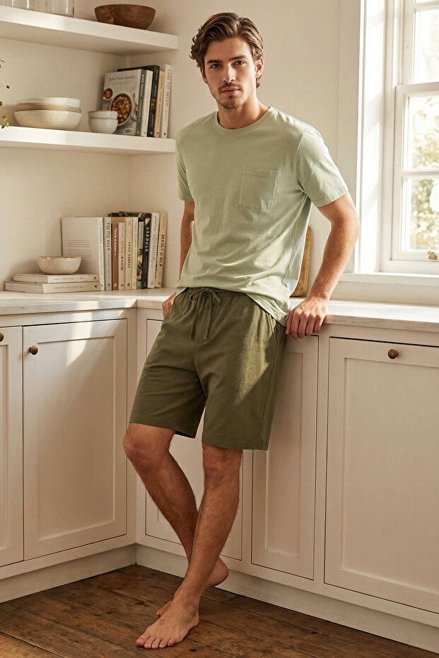 Mint -Haki Regular Fit %100 Pamuk Örme Şortlu Pijama Takımı TMNSS25PT00033 - 1