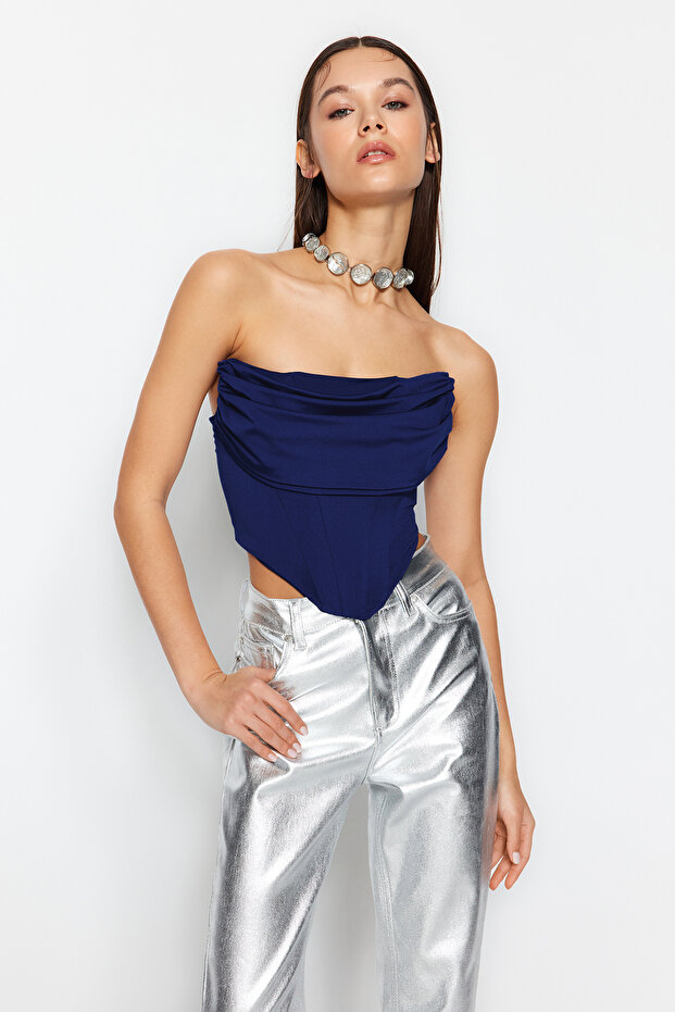Saks Crop Astarlı Korse Detaylı Örme Büstiyer TPRSS23BS00006 - 2
