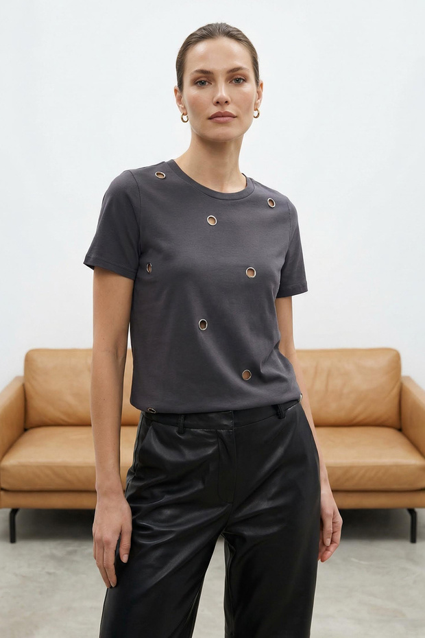 Antrasit %100 Kalın Pamuklu Regular/Normal Kalıp Ayna Aksesuarlı Örme T-Shirt TWOSS25TS00091 - 2