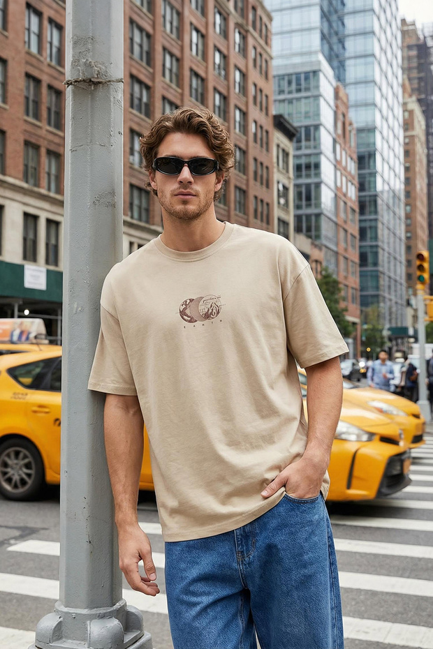 Vizon Oversize/Geniş Kesim Baskılı %100 Pamuk T-Shirt TMNSS23TS00261 - 1