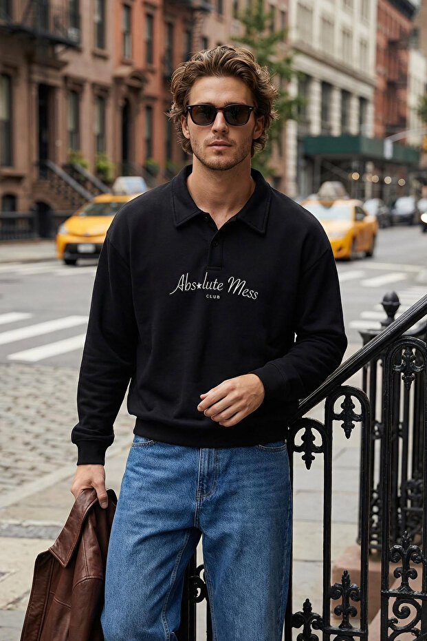 Siyah Oversize/Geniş Kesim Yazı Baskılı Polo Yaka Sweathisrt TMNAW25SW00019 - 1