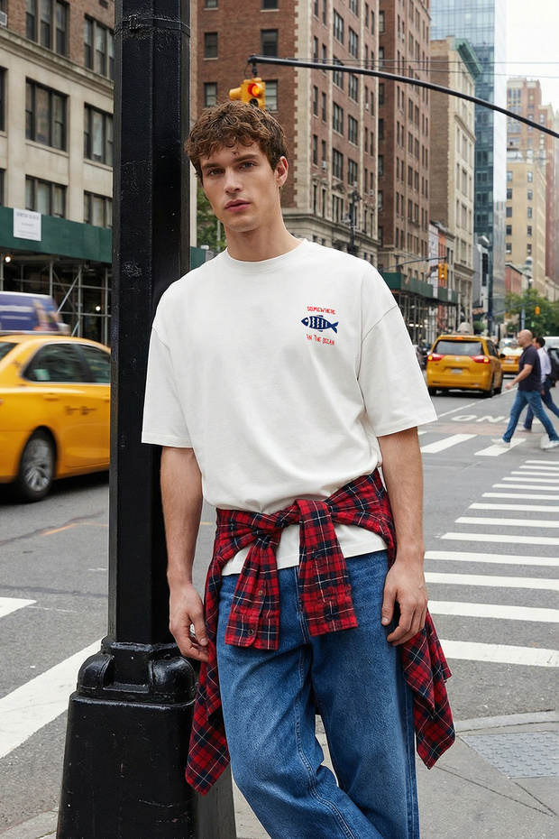 Ekru Oversize/Geniş Kesim %100 T-Shirt TMNSS22TS0318 - 1
