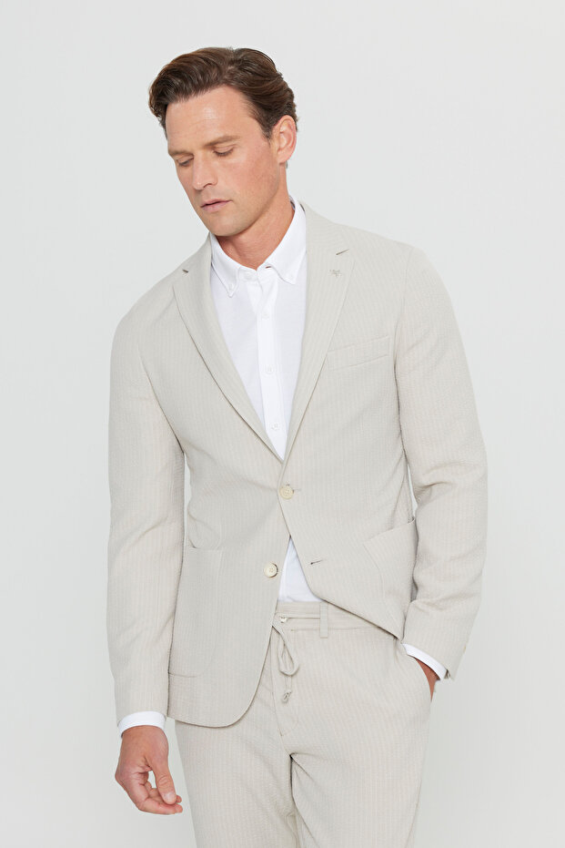 Men's Beige Slim Fit Slim Fit Mono Collar Striped Seersucker Patterned Flexible Suit with Pocket Pockets
