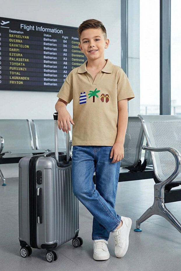 Taş Erkek Çocuk %100 Pamuk Baskılı Polo Yaka Örme T-Shirt TKDSS25TS00081 - 1