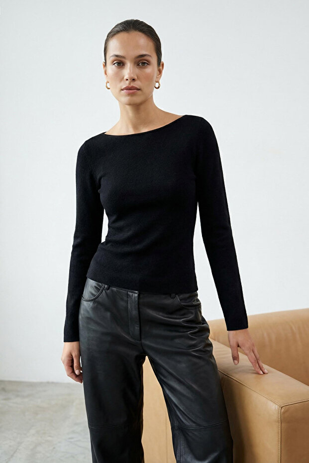 Wardrobe Essentials Siyah Yumuşak Dokulu Kayık Yaka Triko Kazak TWOAW26KZ00293 - 6
