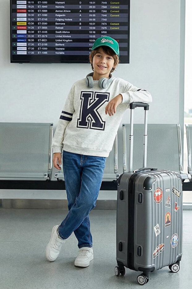 Gray Melange Boys' Slogan Printed School Cotton Knitted Sweatshirt Tkdaw25Sw00014