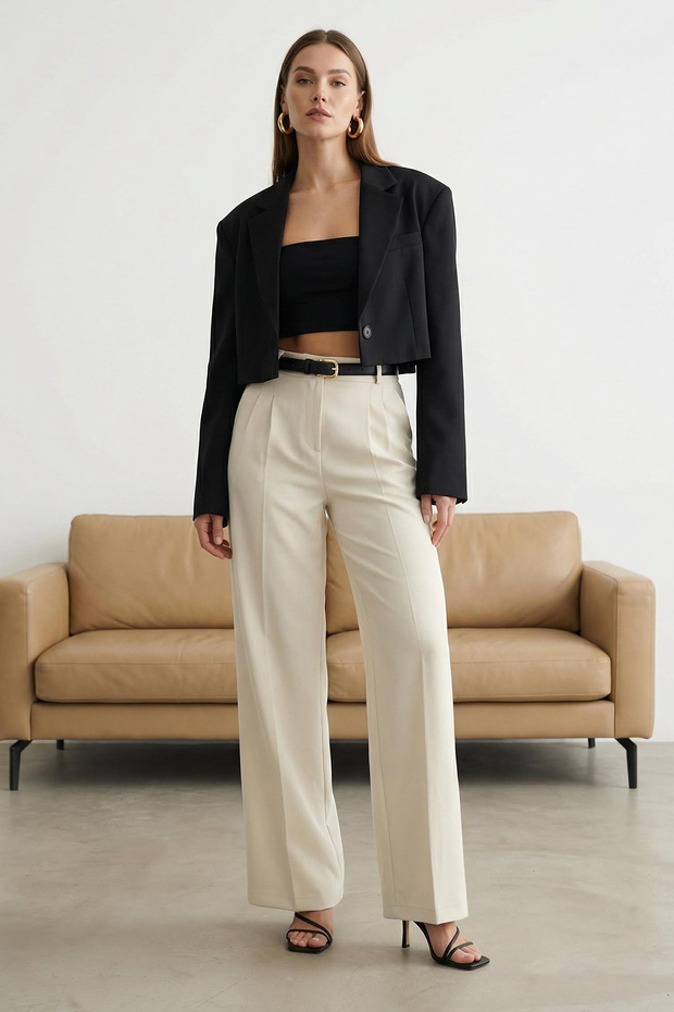 Ekru Pilili Wide Leg/Geniş Paça Dokuma Pantolon TWOAW25PL00109 Palazzo - 5