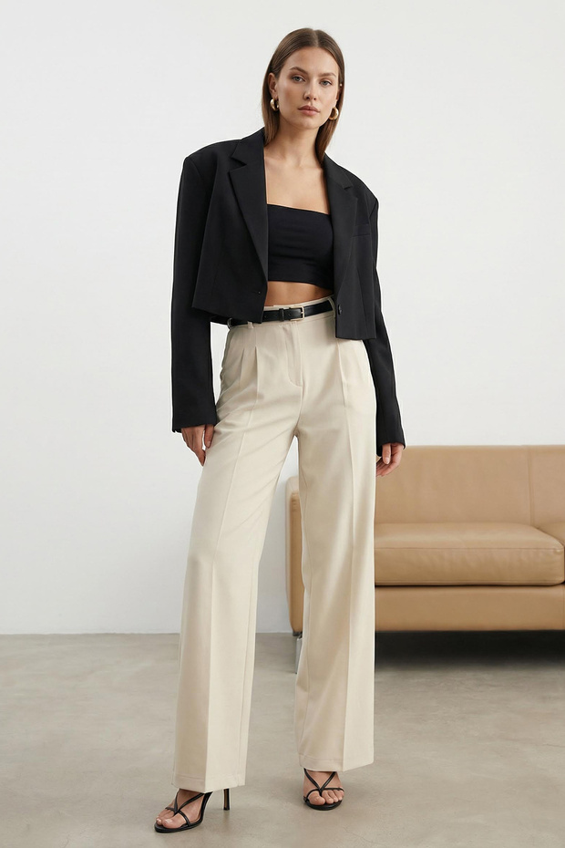 Ekru Pilili Wide Leg/Geniş Paça Dokuma Pantolon TWOAW25PL00109 Palazzo - 4