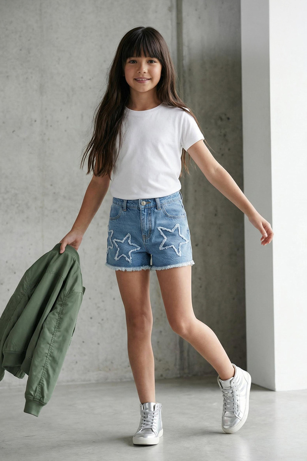 Açık Mavi Kız Çocuk 1 23 Nisan PamukYıldız Detaylı Lastikli Denim Şort & - 3