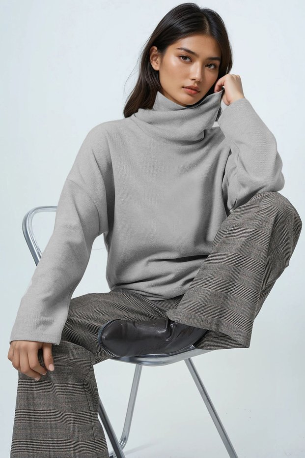 Women's Gray Turtleneck Wide Cut Knitwear Blouse Alc-X14708