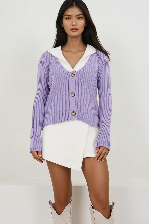 Women's Lilac Fur Collar Knitwear Cardigan Alc-X14869