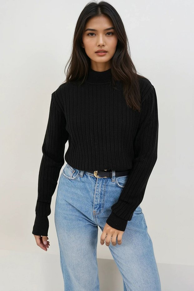 Women's Black Mock Neck Knitwear Sweater Alc-X14858