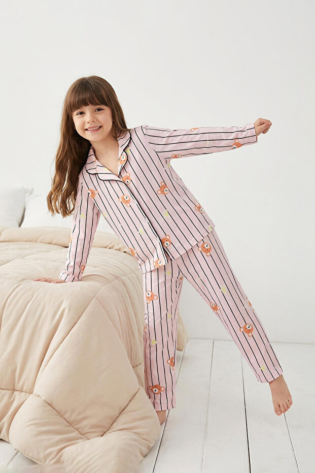 Pudra Yumuşak Dokulu Kız Çocuk Baskılı Örme Pijama Takım TKDAW25AU00126 - 2