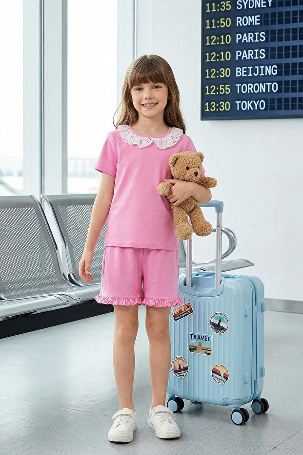 Pembe Kız Çocuk %100 Pamuk Bebe Yaka T-shirt-Şort Örme Alt-Üst Takım TKDSS25AU00115 - 1