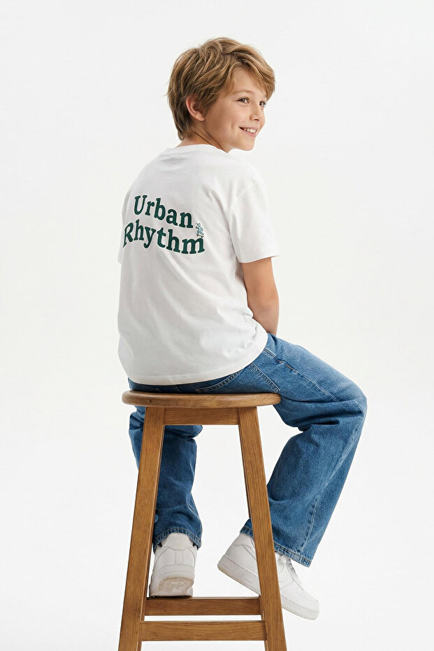 Beyaz Erkek Çocuk %100 Pamuk Slogan Baskılı Oversize Kısa Kol Örme T-Shirt TKDSS25TS00101 - 1