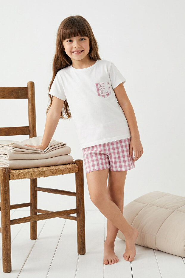 Ekru Kız Çocuk Ekoseli Kısa Kol Şortlu Örme Pijama Takımı TKDSS25PT00034 - 1
