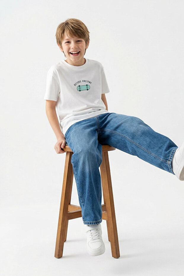 Beyaz Erkek Çocuk %100 Pamuk Slogan Baskılı Oversize Kısa Kol Örme T-Shirt TKDSS25TS00101 - 2