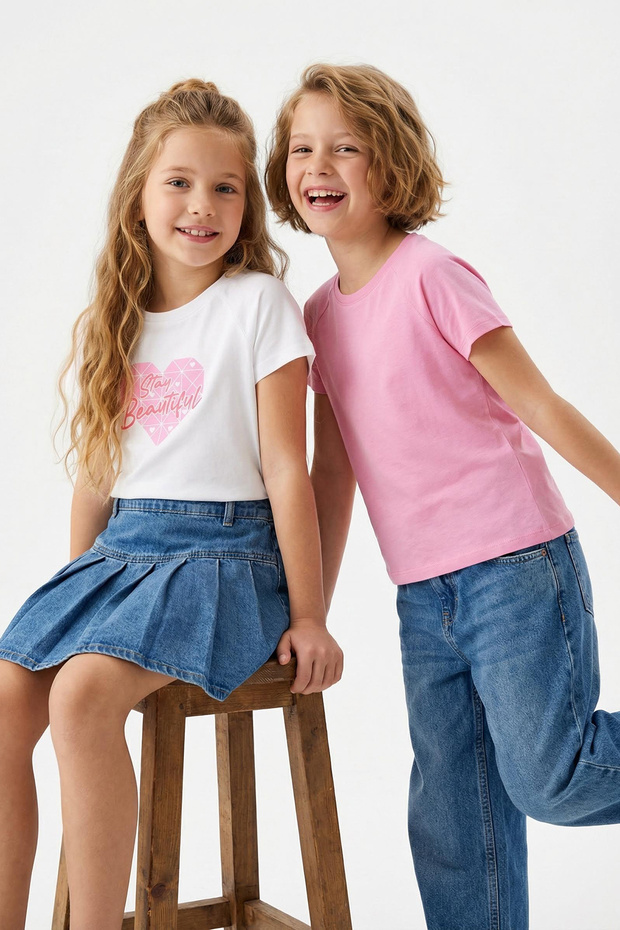 Beyaz-Pembe 2'li Kız Çocuk %100 Pamuk Slogan Baskılı Kısa Kol Örme T-Shirt TKDSS25TS00091 - 1